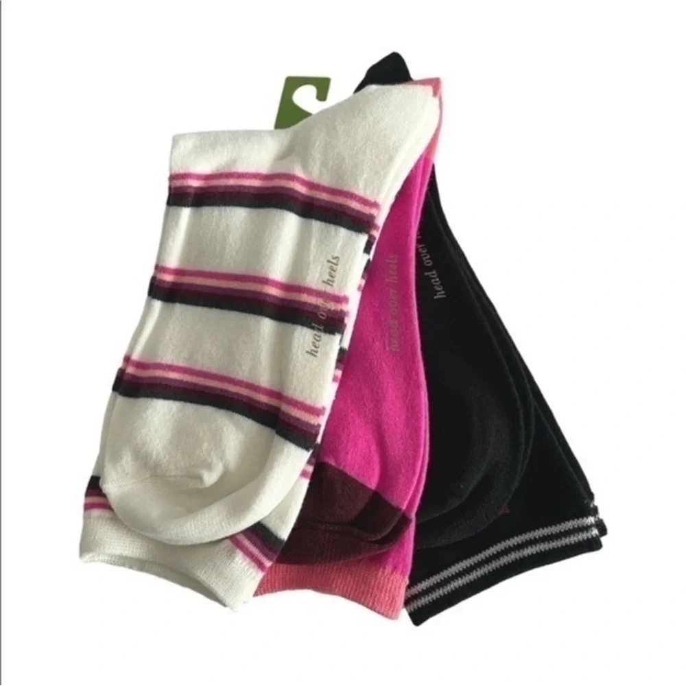 Kate Spade Crew Socks 3 Pair Set HELLO Pink Striped Women’s One Size NWT